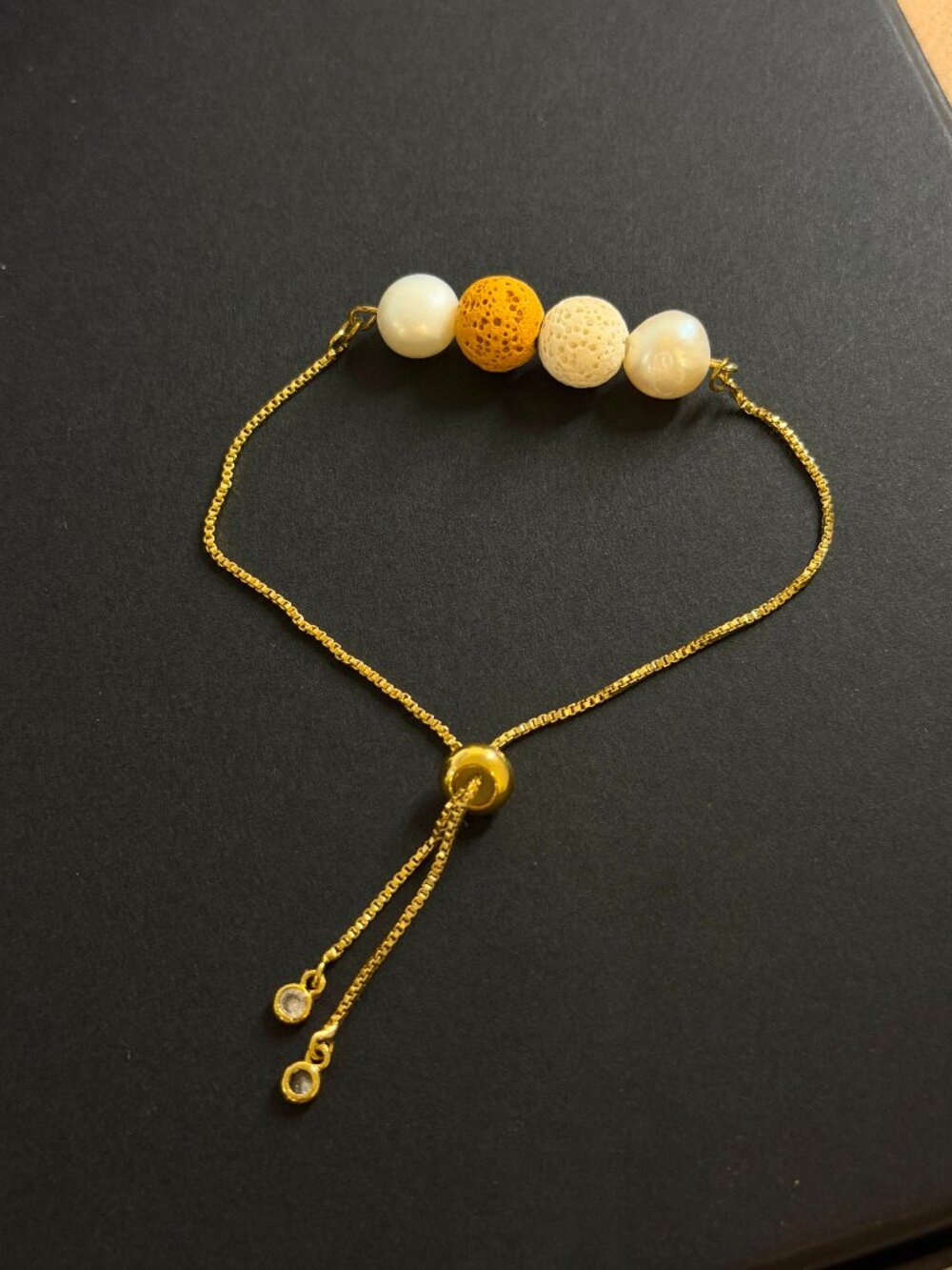 Gold Adjustable Chain Bracelet w/ White Pearls & Lava Stones